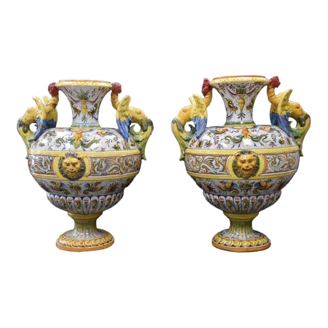 Pair of Large Antique Italian Majolica Urns For Sale