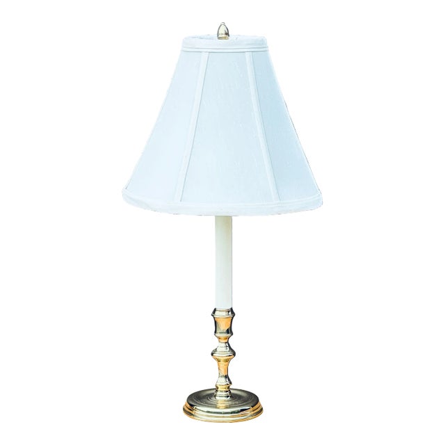 Virginia Metalcrafters Solid Brass Candlestick Lamp With Silk Shade and Brass Acorn Finial For Sale