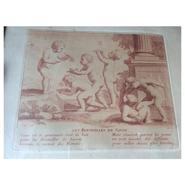 Shabby Chic Early 19th Century French, Les Bouteilles De Savon, Paris Copperplate Engravings Cherub Children - Set of 2 For Sale - Image 3 of 9