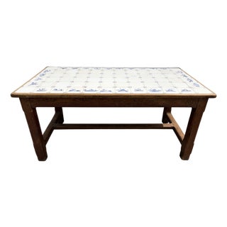 Early 20th Century French or Dutch Farm Style Table With Delft Tile Top and Drawers on Each End For Sale