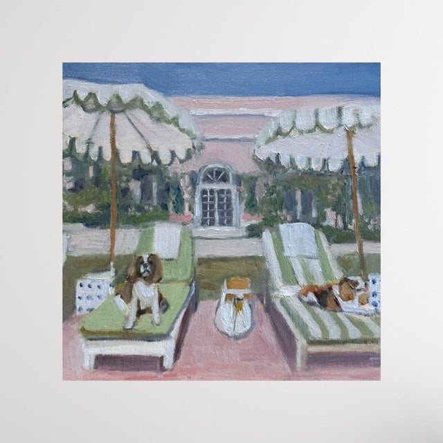 A charming oil painting by Michelle Heimann of two adorable pups poolside. These Charles cavaliers are Definitely palm...