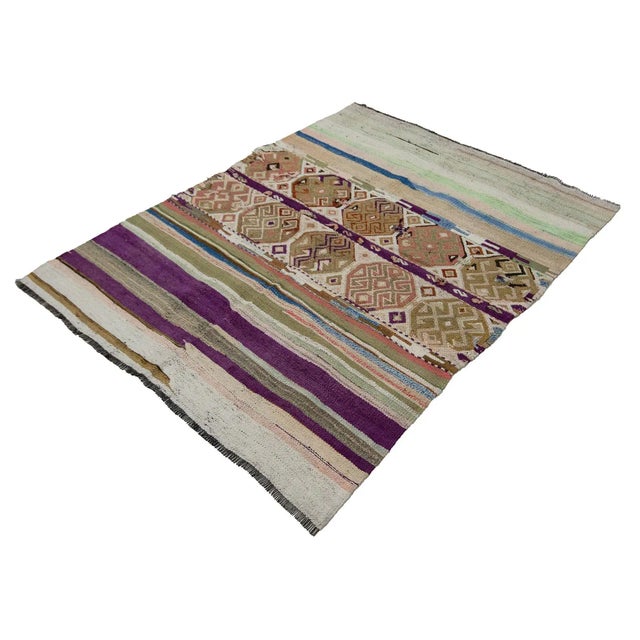 Boho Chic Vintage Turkish Kilim Rug- 4′3″ × 5′7″ For Sale - Image 3 of 7