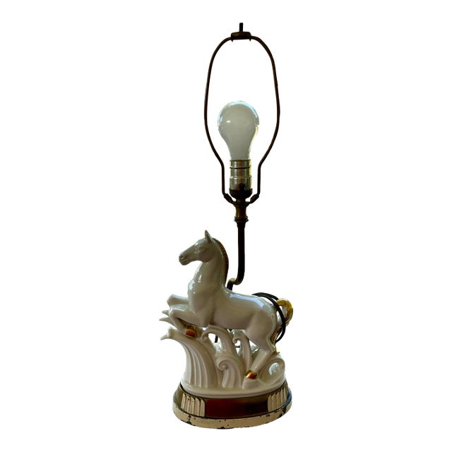 Vintage Art Deco White Gold Porcelain Horse Sculpture Lamp For Sale