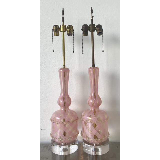 Pink Vintage Italian Murano Glass Lamps - A Pair For Sale - Image 8 of 12