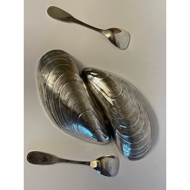 Vintage Silver Mussel Salt and Pepper Holder With Spoons - 3 PCS For Sale In Chicago - Image 6 of 11