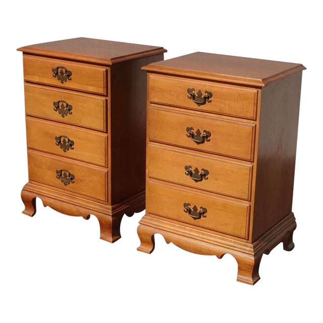 Pair of Vintage Early American Style Maple Nightstands With Brass