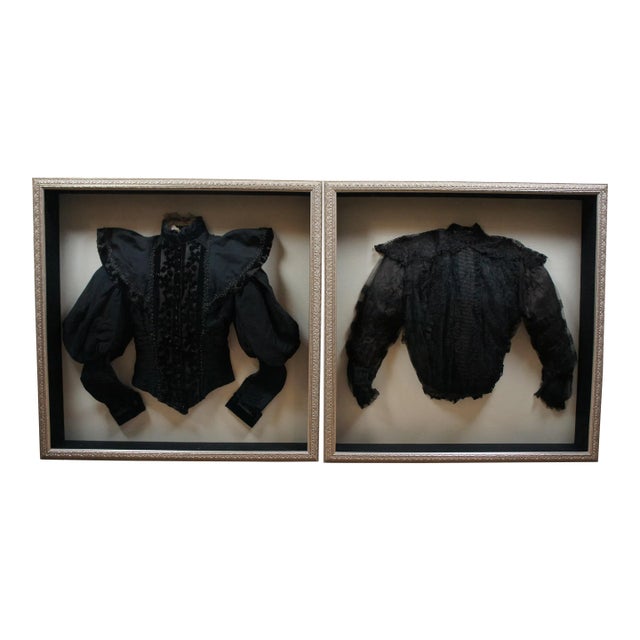 Early 20th Century Antique Victorian Black Velvet & Lace Bodice & Shirtwaist Framed in Shadowboxes- Set of 2 For Sale
