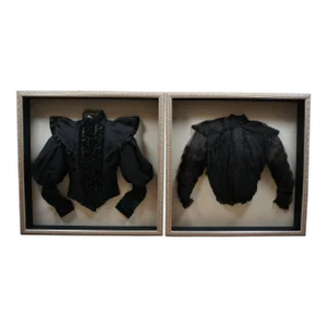 Early 20th Century Antique Victorian Black Velvet & Lace Bodice & Shirtwaist Framed in Shadowboxes- Set of 2