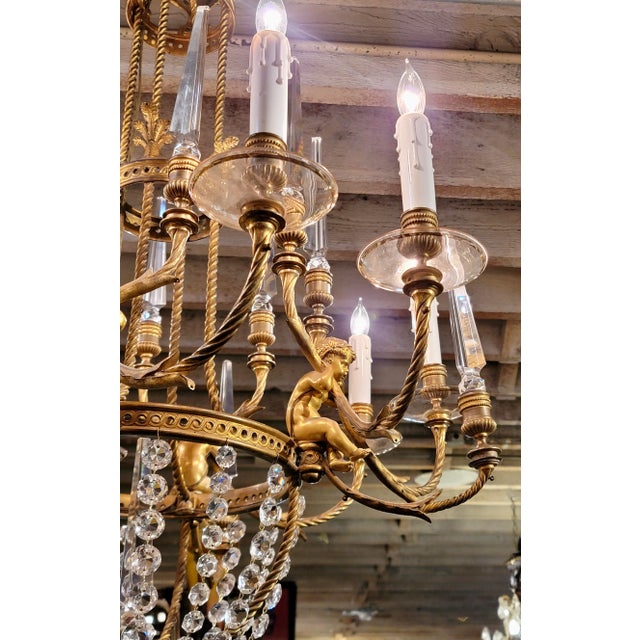 Metal 19th Century French Gilt Bronze Chandelier W/4 Cherubs & Crystals For Sale - Image 7 of 13