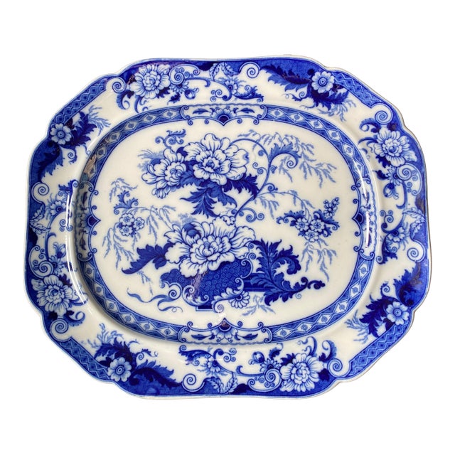 Antique British “Bentick” Pattern Flow Blue Transferware Serving Platter. Stafford England 1850’s Thru 1905 by John Ridgway For Sale