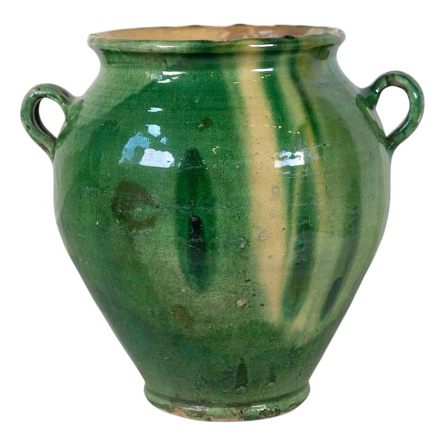 French 19th Century Green and Yellow Splash-Glaze Confit Pot For Sale