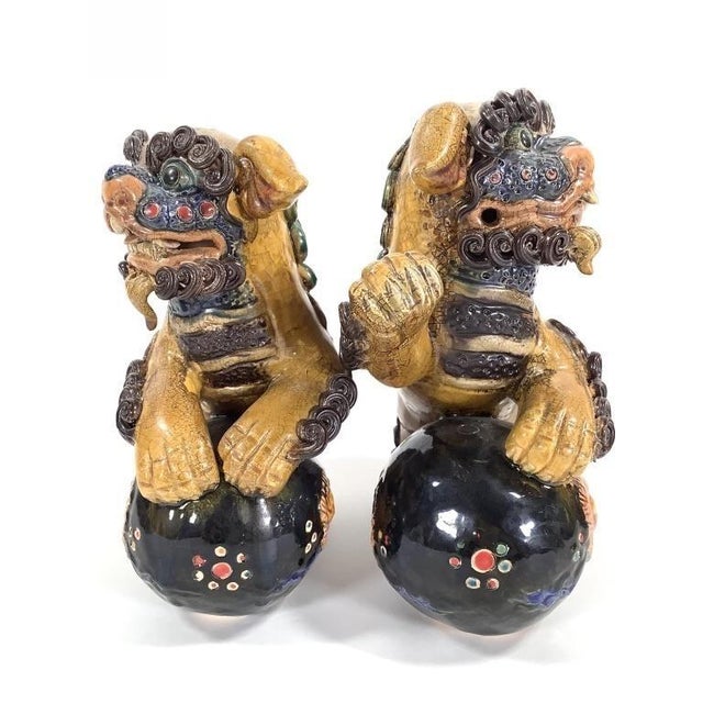 Chinese Pair of Mid-Century Chinese Ceramic Polychrome Foo Dog Figurine For Sale - Image 3 of 7