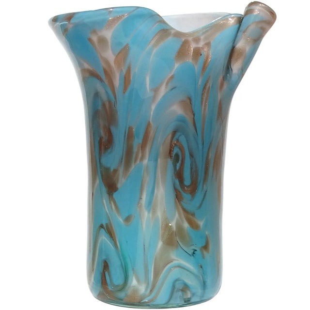 Murano Vintage Murano Fratelli Toso Blue Copper Aventurine Flecks Swirling Clouds Italian Art Glass Flower Vase For Sale - Image 4 of 9