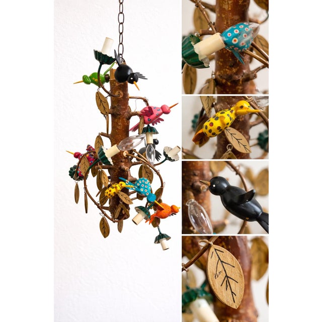 Vintage Folk Art Hummingbird Chandelier Signed Carey Handmade Wood Hanging Light For Sale - Image 9 of 12