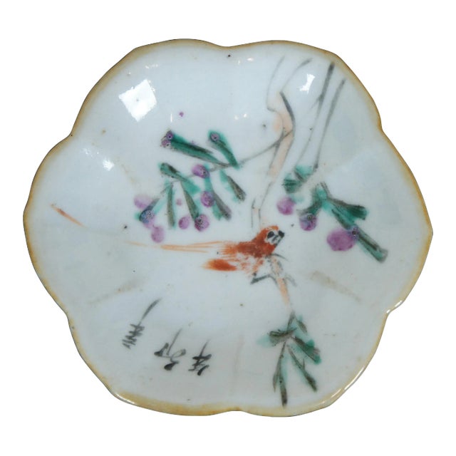 Antique Qing Dynasty Chinese Export Porcelain Footed Dish Lotus Bird Compote For Sale