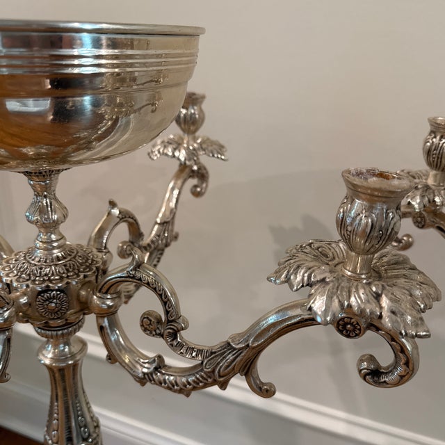Pair of Ornate Rococo-Style Silver-Plated 5-Arm Candelabras With Epergne Bowl For Sale - Image 4 of 12