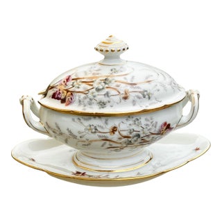 Antique French Belle Epoch Hand Painted Porcelain Sauce Tureen For Sale