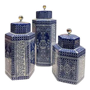 1990s Asian Blue & White Floral Porcelain Jars- Set of 3