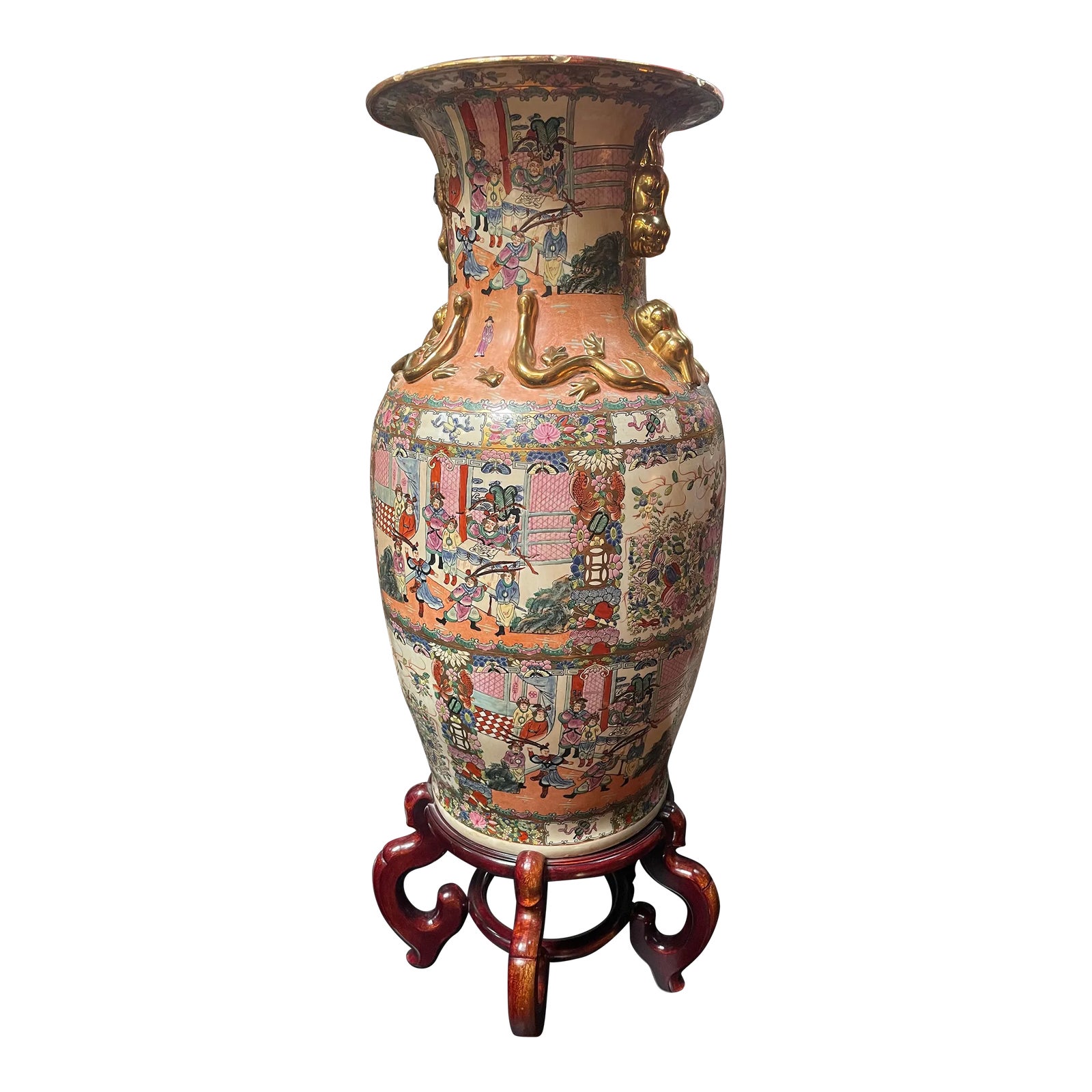 Large 1940s Chinese Dragon Porcelain Gilt Floor Vase With Stand | Chairish