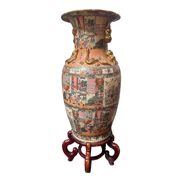 Large 1940s Chinese Dragon Porcelain Gilt Floor Vase With Stand For Sale