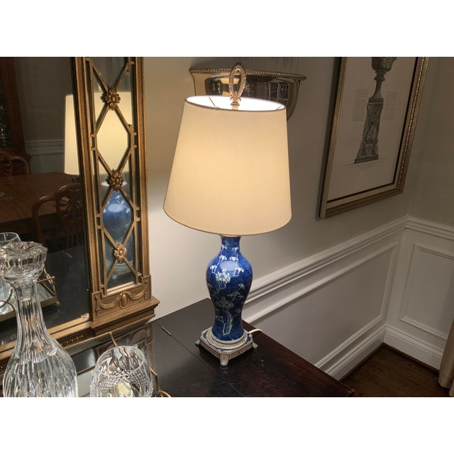 Chinese Vintage Blue and White Cherry Blossom Porcelain Vase Lamp on Metal Base For Sale - Image 3 of 13