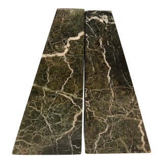 Angled Green Marble Bookends - a Pair For Sale