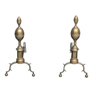 Tall Antique Early 19th Century American Federal Lemon Top Brass Andirons Circa 1810 - a Pair For Sale