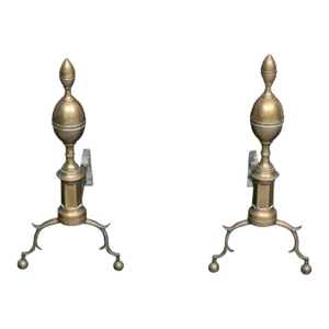 Tall Antique Early 19th Century American Federal Lemon Top Brass Andirons Circa 1810 - a Pair