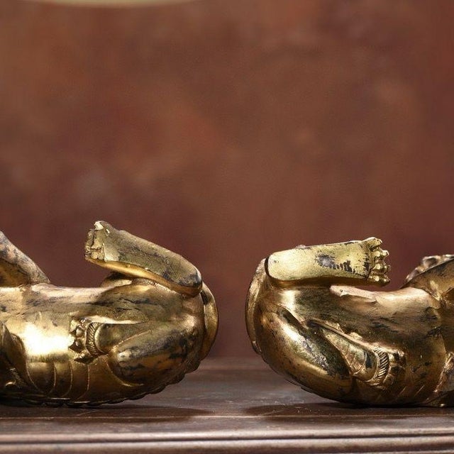 Pair of Gilt Bronze Guardian Lions – 4.3" Foo Dogs With Beaded Spine Detail For Sale - Image 9 of 9