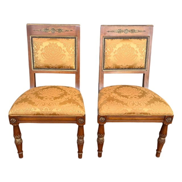 Pair of Henredon Grand Provenance Neoclassical Dining Side Chairs in Gold Damask Upholstery For Sale
