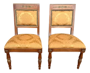 Pair of Henredon Grand Provenance Neoclassical Dining Side Chairs in Gold Damask Upholstery
