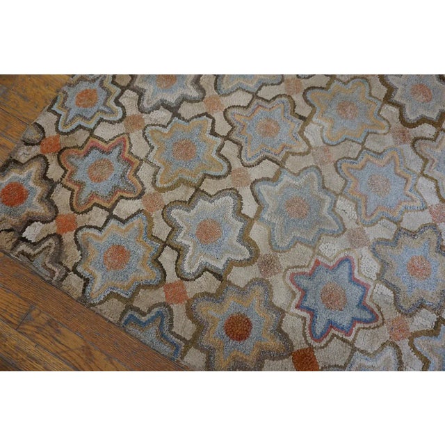 1890s Gray Star Medallion Folk Art Antique American Hooked Rug 3' 4"x 4' 10" Knotted Wool Carpet For Sale - Image 10 of 12