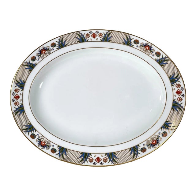 1990s Royal Crown Derby Rutland Oval Serving Platter - Blue & Rust Flowers, Gold Lattice Design, Gold Trim For Sale