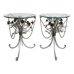 Italian Mid-Century Mixed Metal Wrought Iron Side Tables, Glass Tops, Pair
