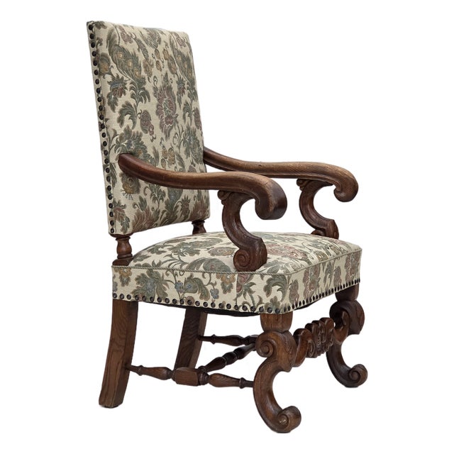 Scandinavian Highback Armchair in Patterned Fabric and Hand-Carved Oak, 1950s For Sale