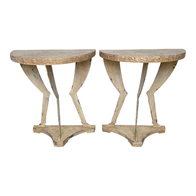 Pair of John Dickinson Style Faux Bois Demilune Consoles American, Late 20th C. For Sale