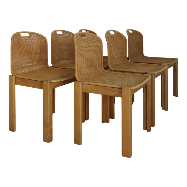 Vintage Oak and Wicker Chairs by Luciano Bertoncini for Bellato, 1970s, Set of 6 For Sale