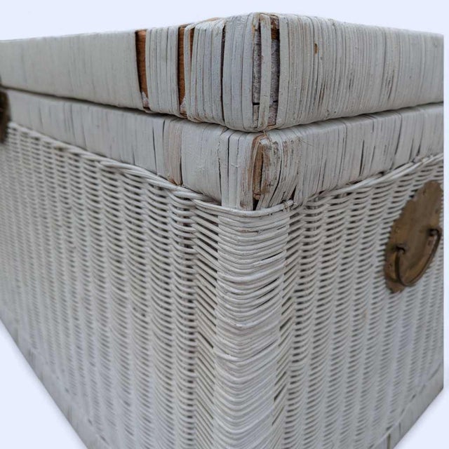 Antique White Vintage White Wicker Storage Trunk With Brass Hardware, Coastal, Rattan For Sale - Image 8 of 17
