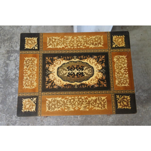 Late 20th Century 2 Italian Inlaid Marquetry Musical Side Tables Pair Santa Lucia Music Box For Sale - Image 9 of 15