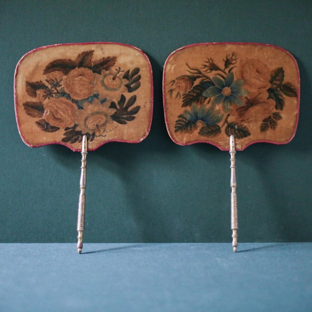 Pair of Antique Theorem Painted Velvet Hand Fans With Gilt Handles For Sale - Image 4 of 10