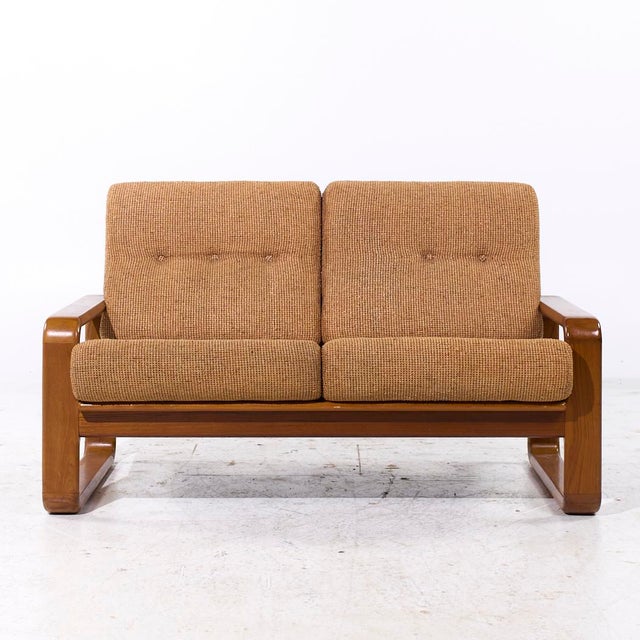 Milo Baughman Style Mid Century Teak Settee This settee measures: 54.5 wide x 33 deep x 32.5 inches high, with a seat...