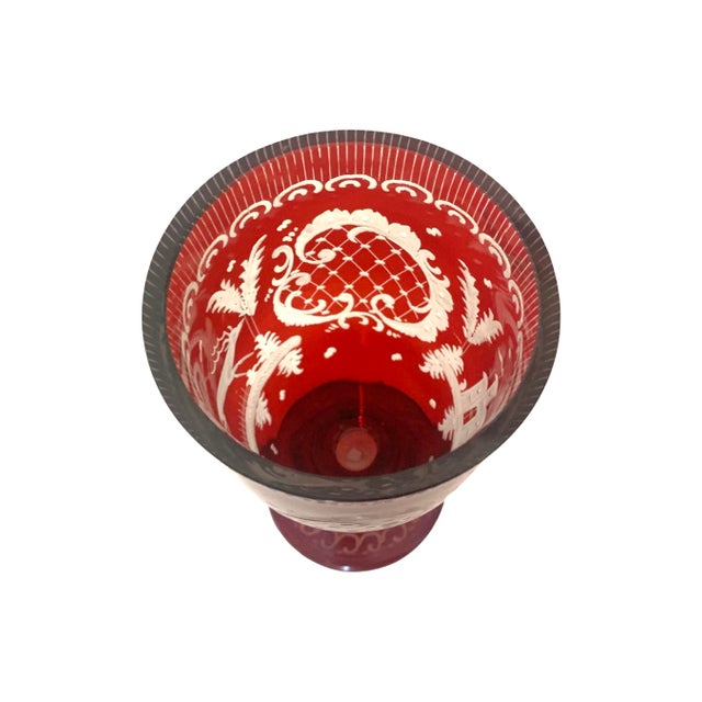 Mid 20th Century Red Cutout Glass Vase With Deer and Castle Design in Excellent Condition For Sale - Image 5 of 11