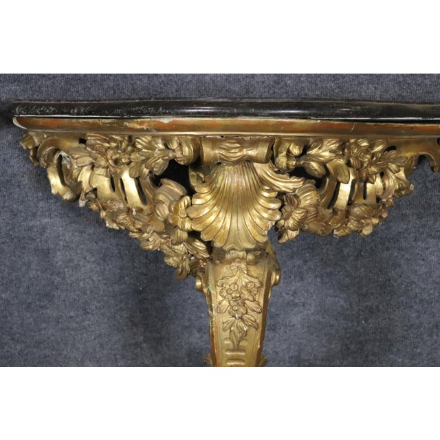 Late 18th Century Pair of 18th Century French Rococo Louis XV Carved Gilt Wood Marble Top Consoles For Sale - Image 5 of 9