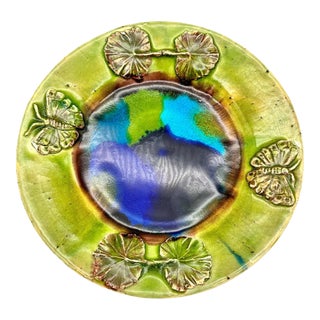 Early 21st Century Studio Pottery Butterflies & Leaves Majolica Decorative Plate Green & Blue For Sale
