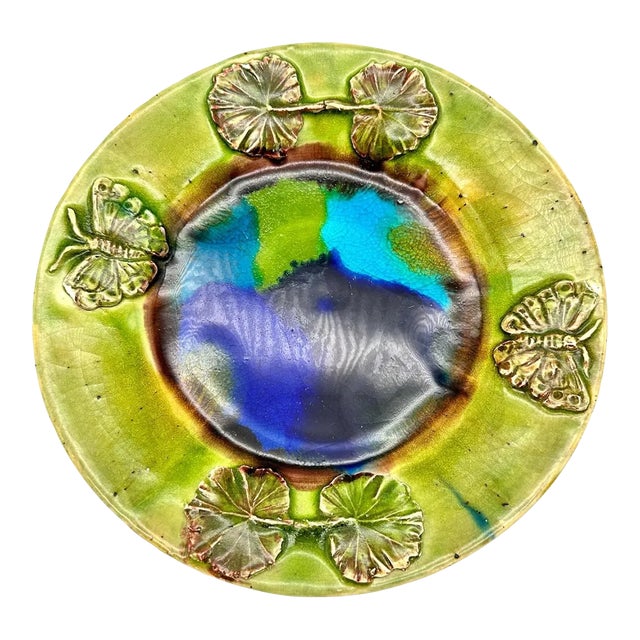 Early 21st Century Studio Pottery Butterflies & Leaves Majolica Decorative Plate Green & Blue For Sale