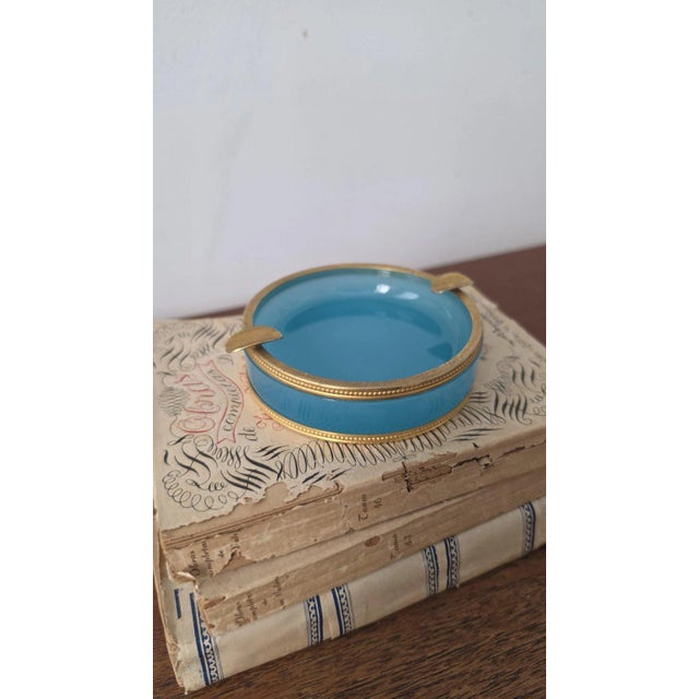 Mid 20th Century Vintage Murano Opaline Glass Ashtray Turquoise Blue Brass Rim Italian Mid Century Decorative Catchall Trinket Dish For Sale - Image 5 of 13