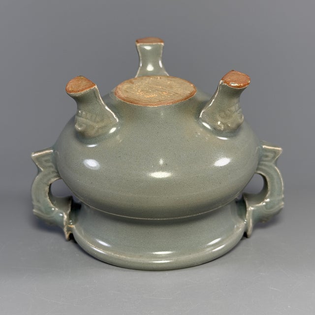15th Century & Earlier Vintage Chinese Longquan Celadon Porcelain Incense Burner | One of a Kind, Sculpted Dragon‑Shaped Handles For Sale - Image 5 of 6