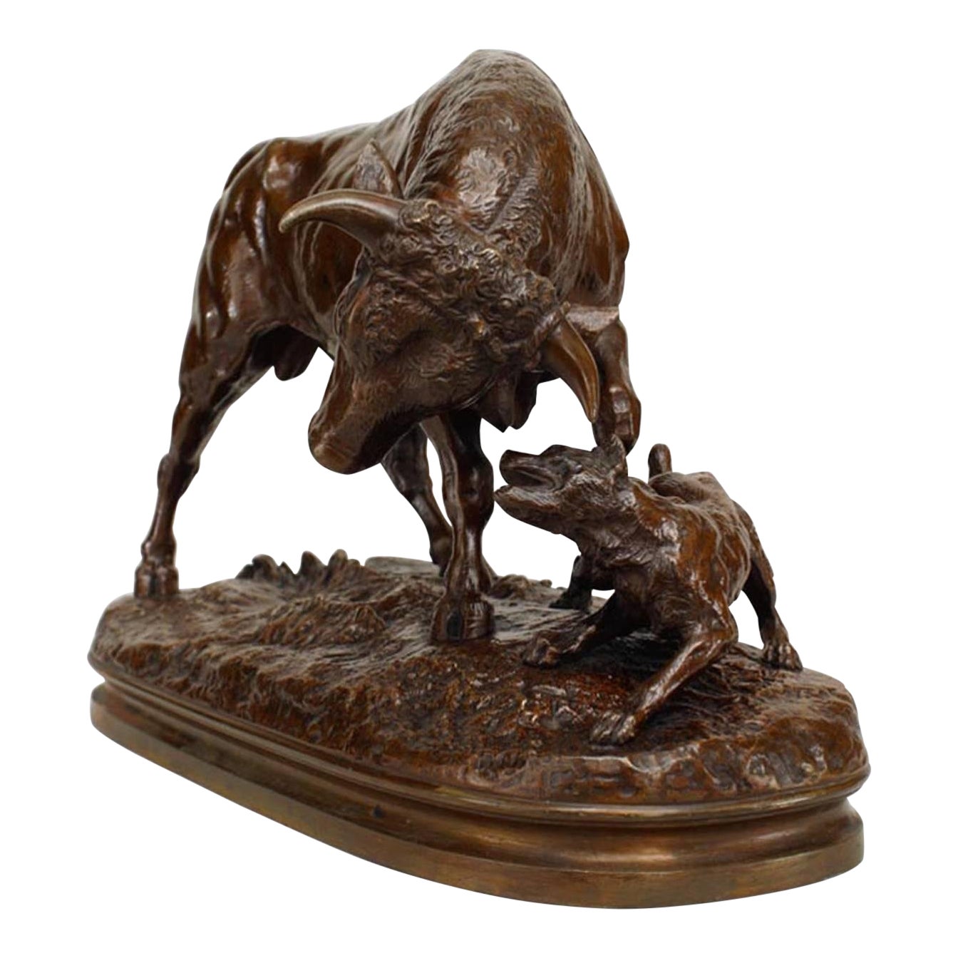 French Bronze Charging Bull Figure by Valton Chairish