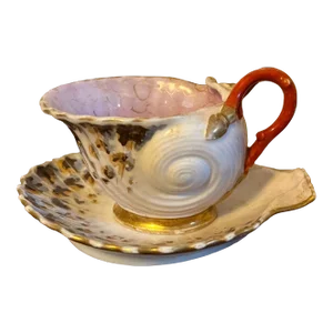 Antique 19th Century Old Paris Porcelain Sea Shell Form Teacup & Saucer With Coral Handle- 2 Pieces