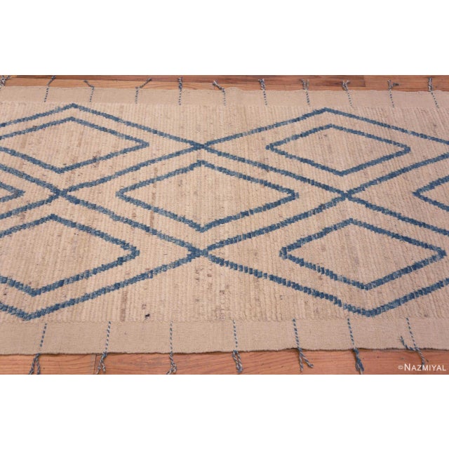 Nazmiyal Collection Ivory Cream and Light Blue Modern Geometric Runner Rug For Sale In New York - Image 6 of 7
